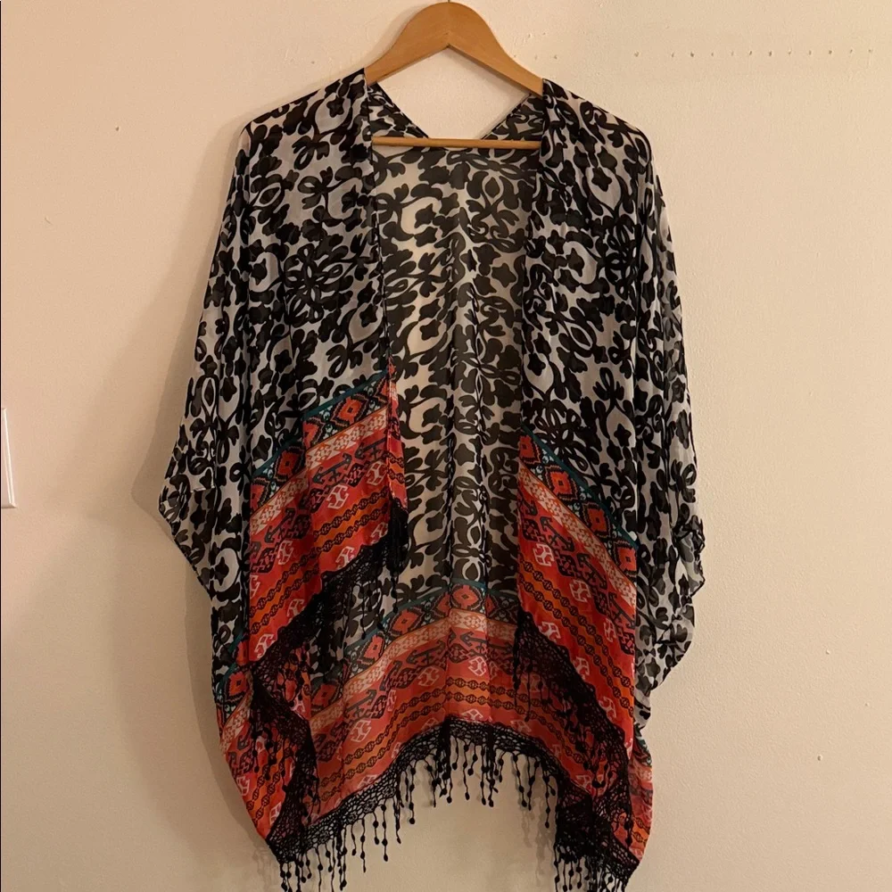 Time and Tru Black and Red Patterned Poncho - Picture 1 of 2